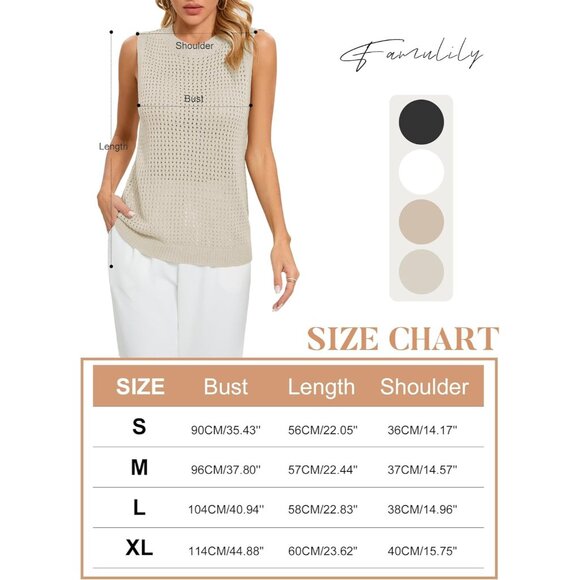 🆕 Women Khaki Mesh Crochet Tank Top Sexy Sleeveless Crew Neck Knit Loose Shirt - Picture 6 of 7